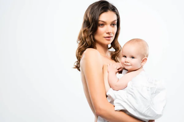 Retrato de madre desnuda sosteniendo al bebé, aislado en blanco - foto de stock
