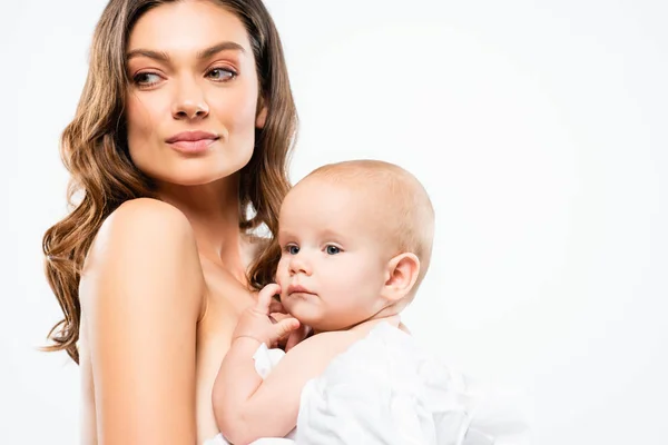 Portrait of beautiful naked mother hugging baby boy, isolated on white — Stock Photo