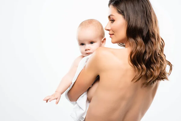 Portrait de mère nue tendre tenant bébé, isolé sur blanc — Photo de stock