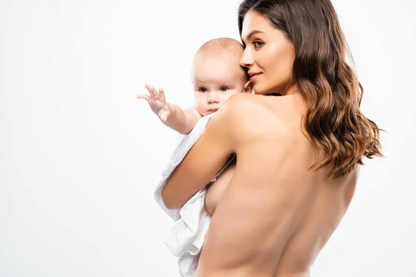Portrait de mère nue heureuse tenant bébé, isolé sur blanc — Photo de stock