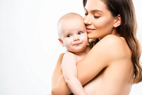 Portrait of together naked mother holding baby, isolated on white — Stock Photo