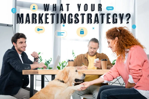 Tre amici che lavorano e chiedono zampa di carino golden retriever con ciò che la vostra illustrazione strategia di marketing sopra le teste — Foto stock