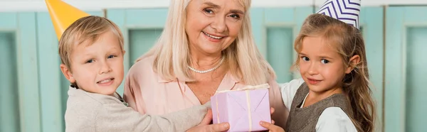 Panoramaaufnahme von Enkeln, die die glückliche Großmutter umarmen, die Geschenkbox in der Hand hält und in die Kamera lächelt — Stockfoto