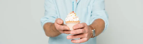 Cropped view of senior man in party cap holding birthday cupcake isolated on grey, panoramic shot — Stock Photo
