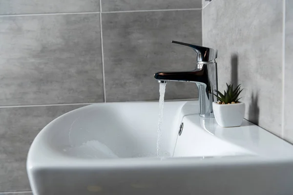 Flujo de agua del fregadero al lavabo de cerámica con planta en el baño moderno - foto de stock