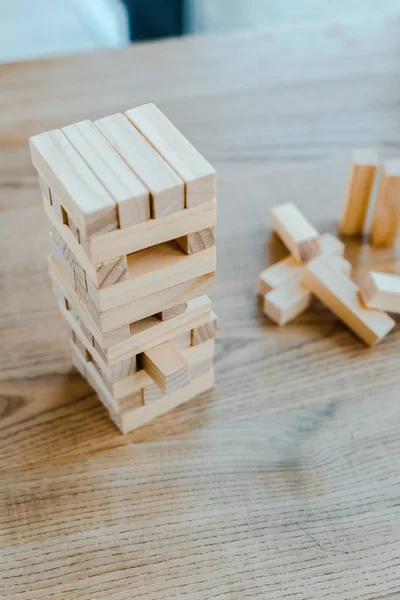 KYIV, UKRAINE - NOVEMBER 22, 2019: selective focus of wooden blocks stack game on table — Stock Photo