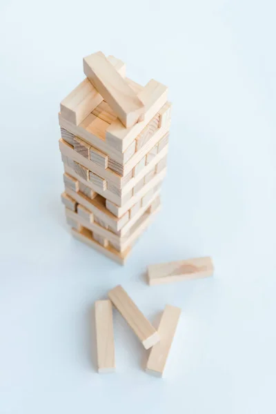 KYIV, UKRAINE - NOVEMBER 22, 2019: blocks wood tower game isolated on white — Stock Photo