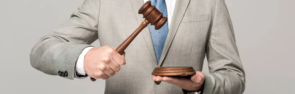 Частковий вид судді, який тримає данину ізольовано на сірому, панорамному знімку — стокове фото