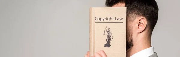 Prise de vue panoramique d'un avocat masquant son visage avec un livre de droit d'auteur isolé sur gris — Photo de stock