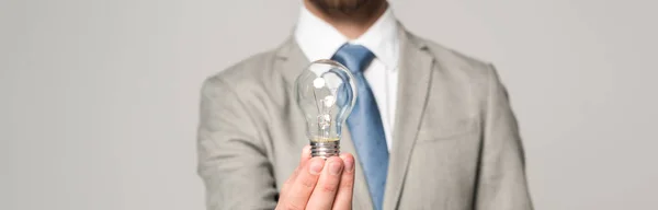 Cropped view of businessman holding light bulb isolated on grey, panoramic shot — Stock Photo