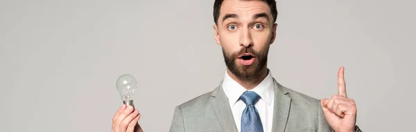 Panoramic shot of excited businessman holding light bulb and showing idea sign isolated on grey — Stock Photo