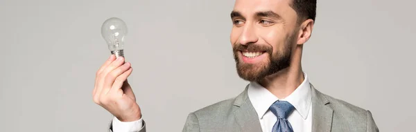 Tiro panorâmico de empresário sorridente segurando lâmpada isolada em cinza — Fotografia de Stock