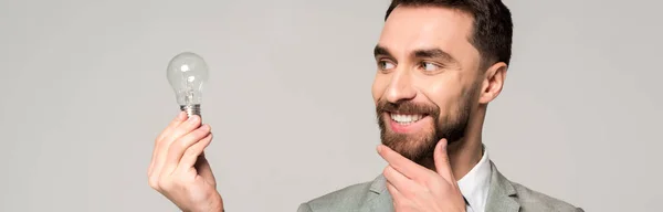 Plano panorámico de hombre de negocios sonriente tocando la cara mientras sostiene la bombilla aislada en gris - foto de stock