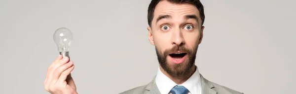 Panoramic shot of excited businessman holding light bulb and looking at camera isolated on grey — Stock Photo