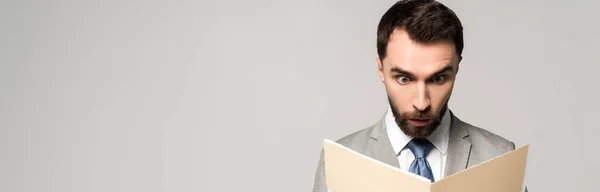 Panoramic shot of shocked businessman looking at documents in paper folder isolated on grey — Stock Photo