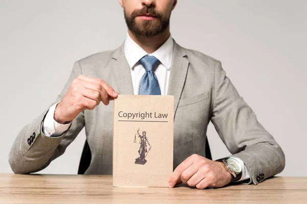 Partial view of lawyer showing book with copyright law title isolated on grey — Stock Photo