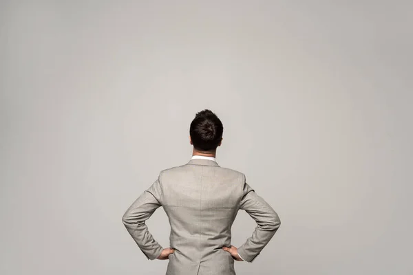 Vista posterior del hombre de negocios de pie con las manos en las caderas aisladas en gris - foto de stock