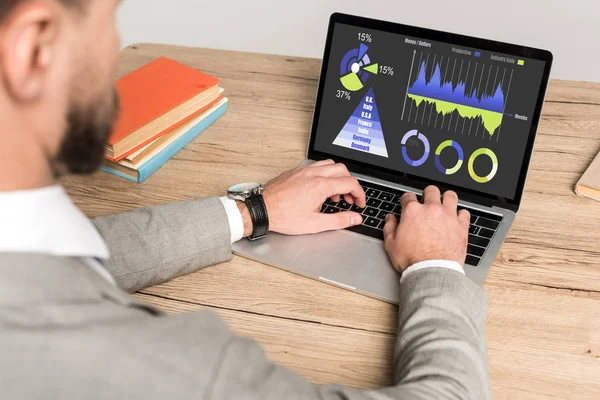Vista cortada de empresário usando laptop com gráficos e gráficos na tela isolado em cinza — Fotografia de Stock
