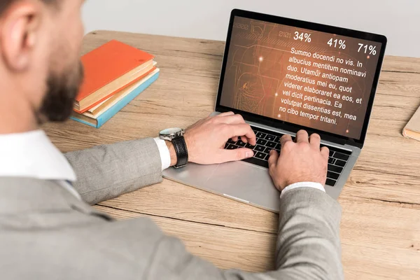 Vista ritagliata di uomo d'affari utilizzando laptop con sito web medico sullo schermo isolato su grigio — Foto stock