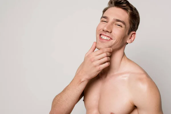 Smiling sexy man with muscular torso touching chin isolated on grey — Stock Photo