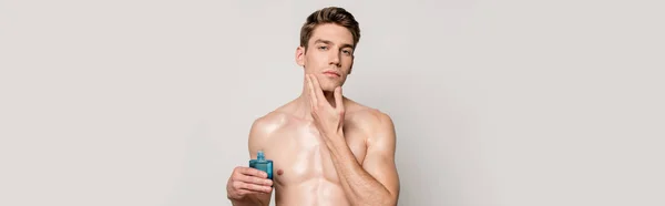 Sexy uomo con busto muscolare applicare dopobarba sul viso isolato su grigio, colpo panoramico — Foto stock