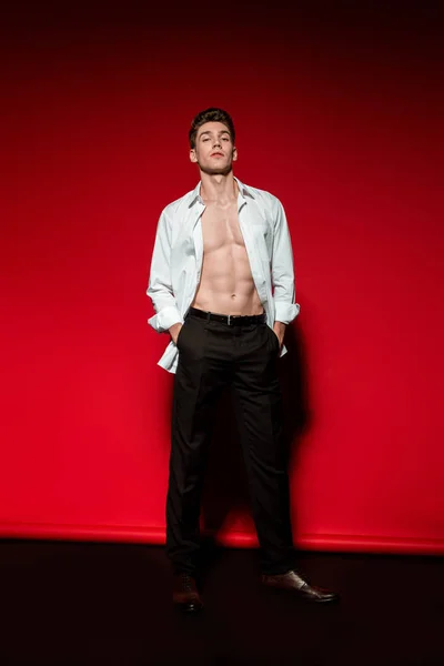 Sexy young elegant man in unbuttoned shirt with muscular bare torso and hands in pockets looking at camera on red background — Stock Photo