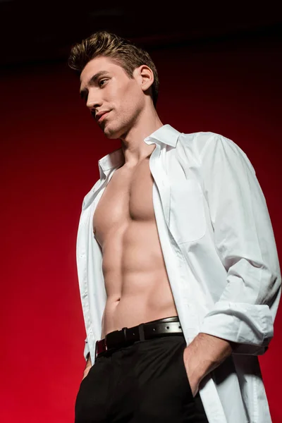 Vista de ángulo bajo de sexy joven elegante hombre en camisa desabotonada con torso desnudo muscular posando con las manos en bolsillos sobre fondo rojo - foto de stock