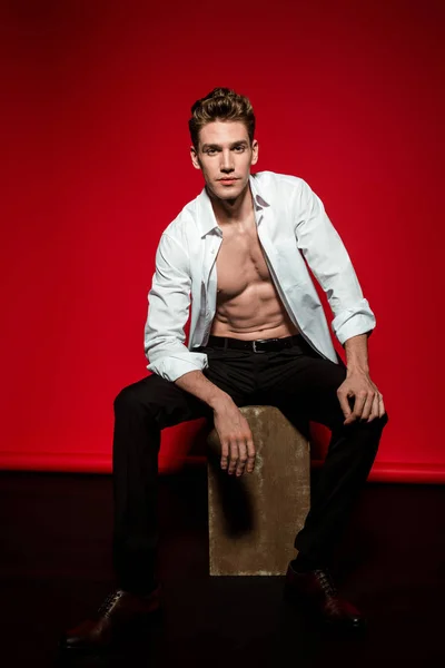 Sexy joven elegante hombre en camisa desabotonada con torso desnudo muscular posando en caja sobre fondo rojo - foto de stock