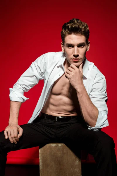 Sexy joven elegante hombre en camisa desabotonada con torso desnudo muscular posando en la caja y tocando la barbilla sobre fondo rojo - foto de stock