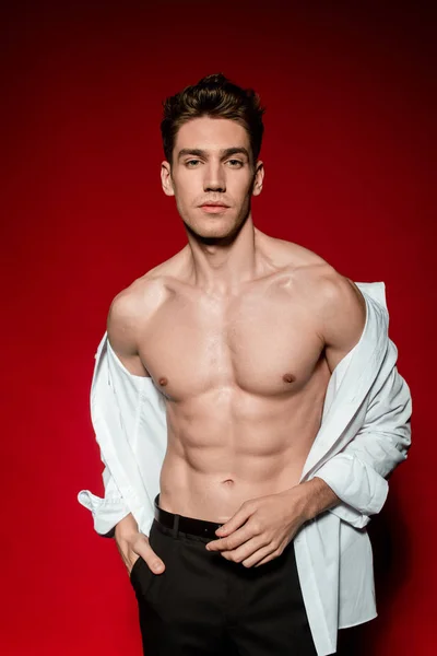 Сексуальный молодой элегантный мужчина в расстегнутой рубашке с мышечным туловищем на красном фоне — Stock Photo