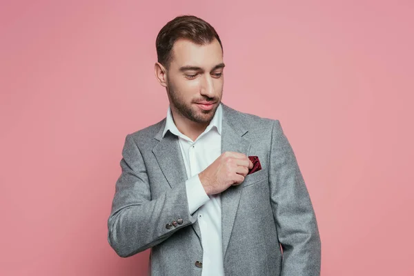 Happy bearded man in grey suit, isolated on pink — Stock Photo