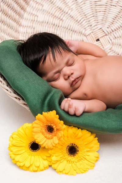 Bebé de raza mixta recién nacido durmiendo en la cesta cerca de flores en blanco - foto de stock