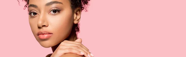 Panoramic shot of beautiful african american girl with clean face, isolated on pink — Stock Photo