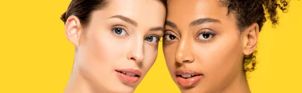 Panoramic shot of multiethnic women with perfect skin, isolated on yellow — Stock Photo