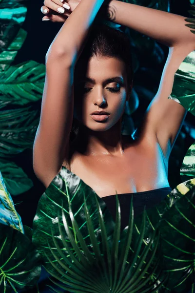 Sensual young woman with hands above head near fresh leaves — Stock Photo