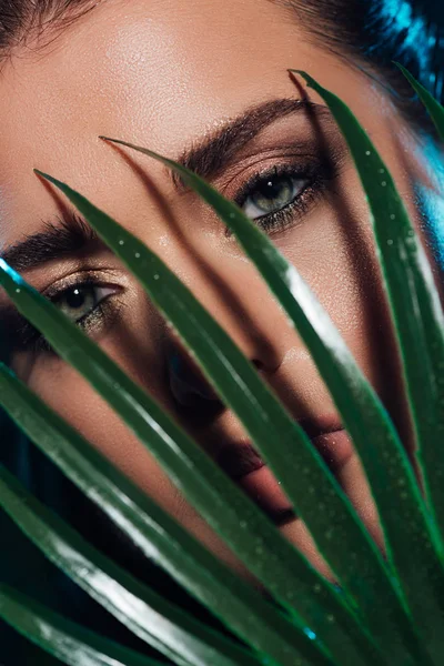 Close up de jovem mulher cobrindo rosto com folha de palma — Fotografia de Stock