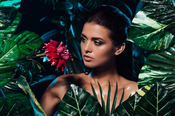 Jovem mulher molhada olhando para flor vermelha perto de folhas verdes — Fotografia de Stock