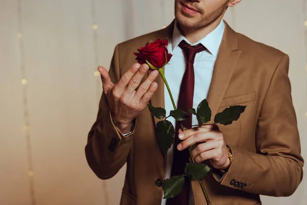 Vista parcial del hombre elegante sosteniendo rosa roja mientras está de pie en el restaurante - foto de stock