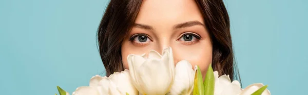 Plano panorámico de mujer joven disfrutando del sabor de los tulipanes blancos mientras mira la cámara aislada en azul - foto de stock