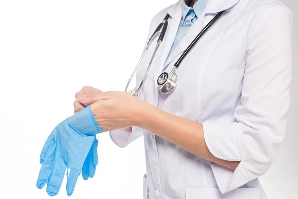 Cropped view of doctor wearing latex gloves isolated on white — Stock Photo