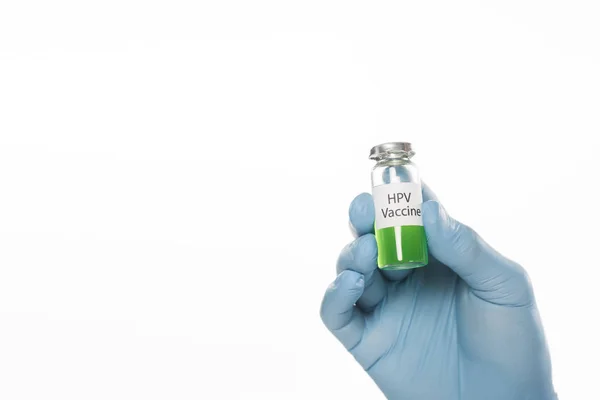 Cropped view of doctor in latex glove holding jar with hpv vaccine isolated on white — Stock Photo