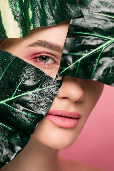 Schönes Mädchen mit rosa Make-up isoliert auf rosa mit grünen Blättern — Stockfoto