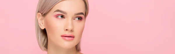 Panoramic shot of beautiful tender girl with perfect skin, isolated on pink — Stock Photo