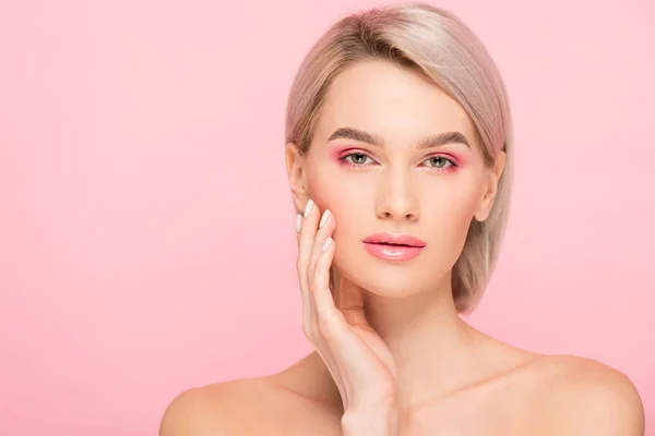 Tender nude girl with perfect skin, isolated on pink — Stock Photo