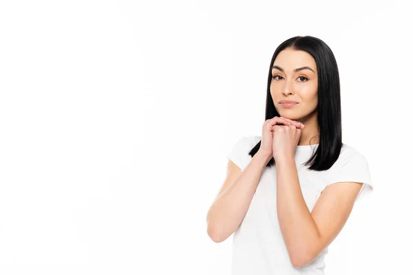 Mujer atractiva mirando a la cámara aislada en blanco - foto de stock