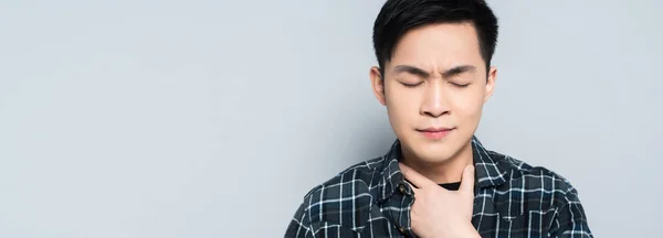 Panoramische Aufnahme eines jungen asiatischen Mannes mit geschlossenen Augen, der den Hals berührt, während er an Halsschmerzen leidet, isoliert auf grau — Stockfoto