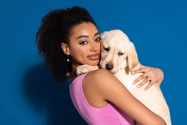 Smiling african american woman holding golden retriever puppy on blue background — Stock Photo