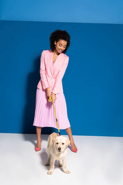 Élégante femme afro-américaine souriante avec chiot golden retriever en laisse sur fond bleu — Photo de stock