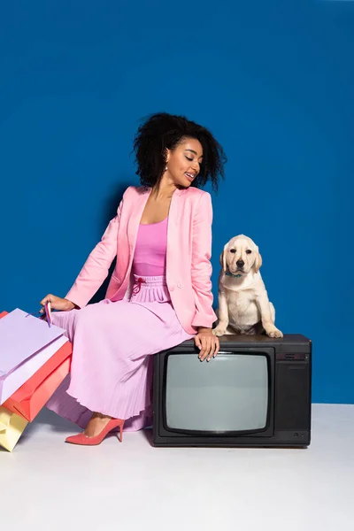 Smiling african american woman sitting on vintage tv with golden retriever puppy and shopping bags on blue background — Stock Photo