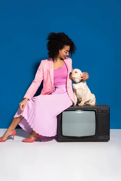 Souriant afro-américain femme assise sur vintage tv avec golden retriever chiot sur fond bleu — Photo de stock